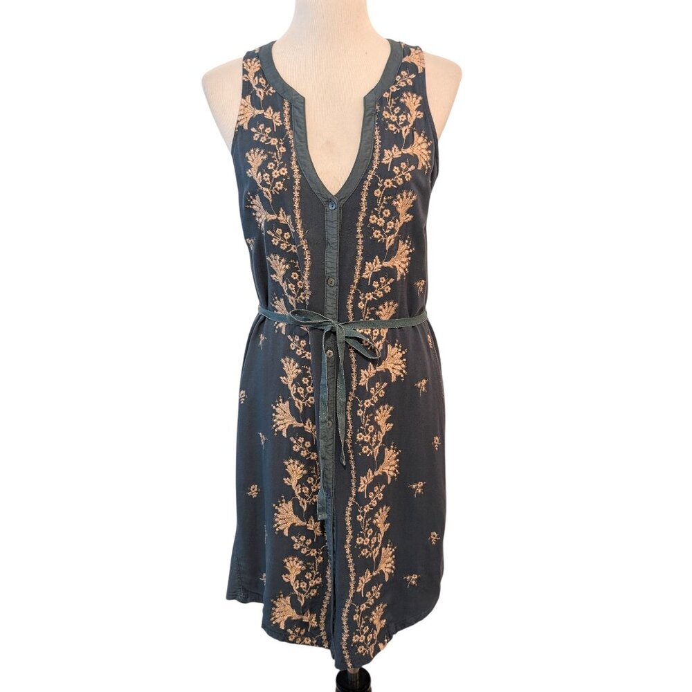 Tiny Anthropologie Sz M Syden Teal Blue Floral Embroidered Tie Tank Shirt Dress
